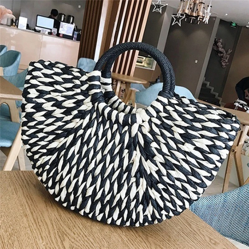 sac à main demi rond en rotin pour femmes, sac tissé en paille, fourre tout de voyage décontracté, grande capacité, mode féminine, wunicef