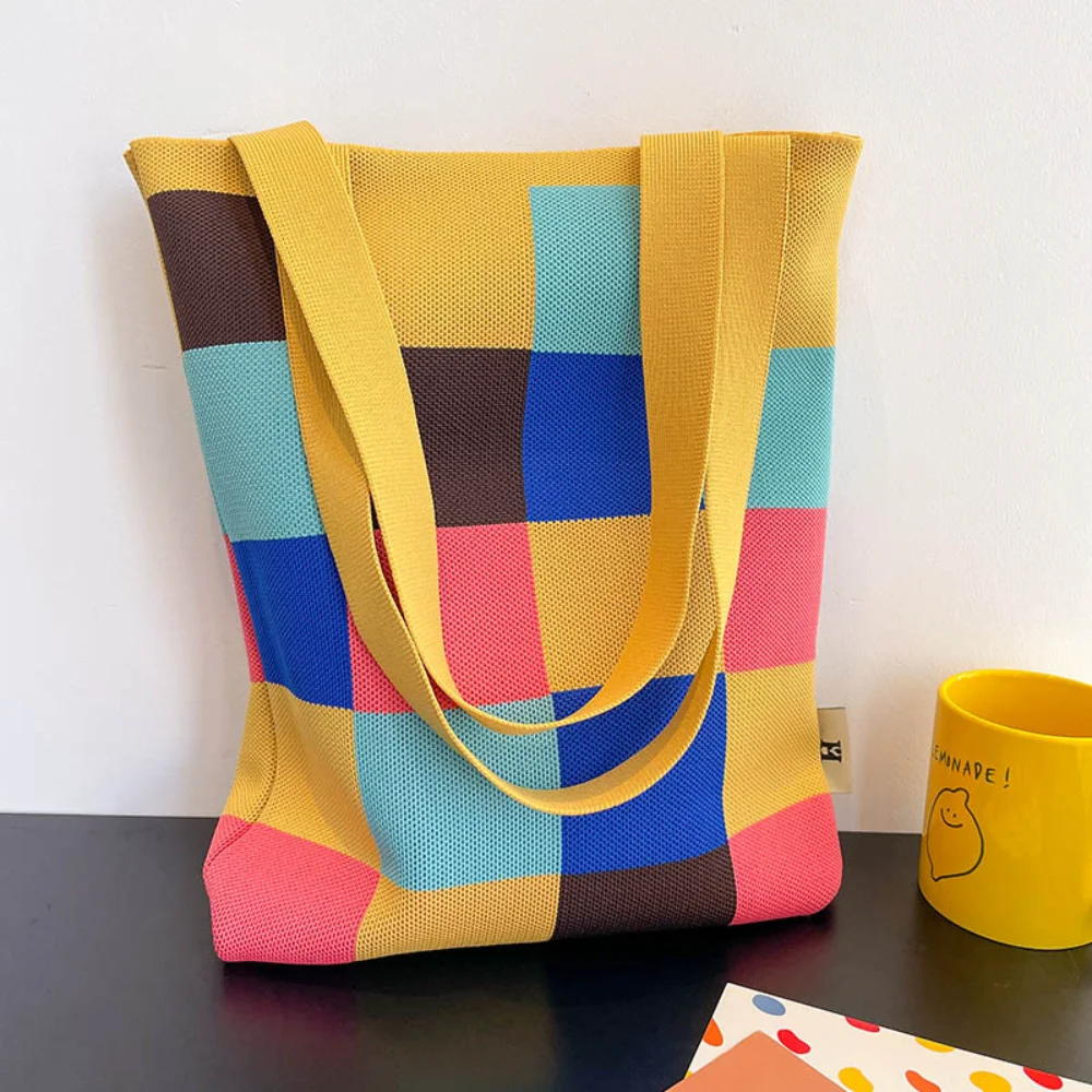 sac seau arc-en-ciel, sac tricoté, sac en damier réutilisable pour femmes, voyage quotidien