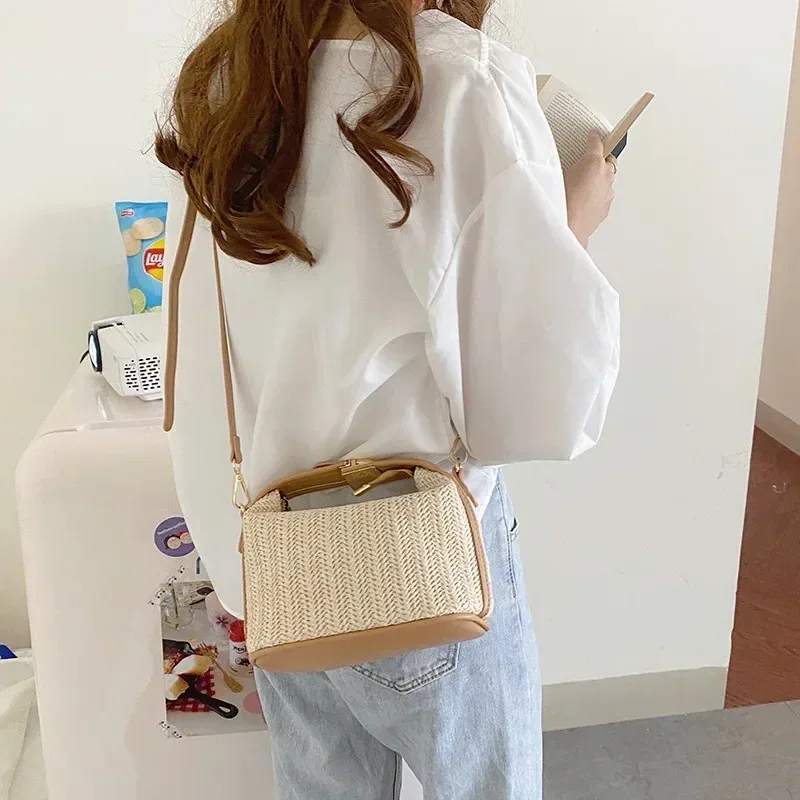 sac à bandoulière tissé seau, fourre tout en paille d'été, sac à bandoulière décontracté, sac de plage