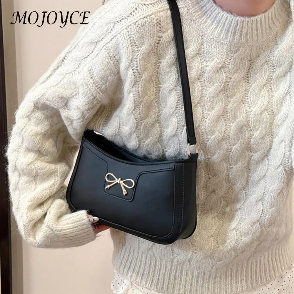 sac sous les bras en cuir pu pour femmes, sac à bandoulière tendance, couleur unie, sac à bandoulière avec nœud papillon, sac de transport pour femmes