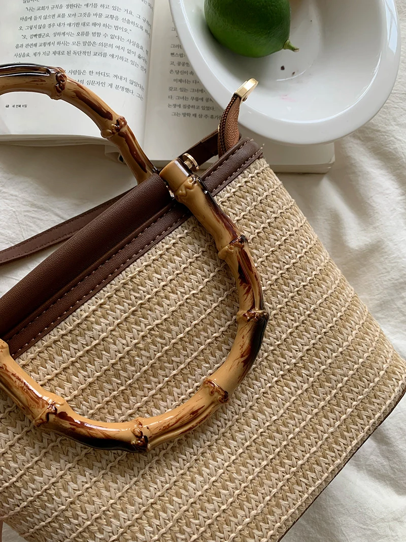 sacs à main de voyage en paille pour femmes, sacs à bandoulière simples, poignée en bois à la mode, été initié, e27