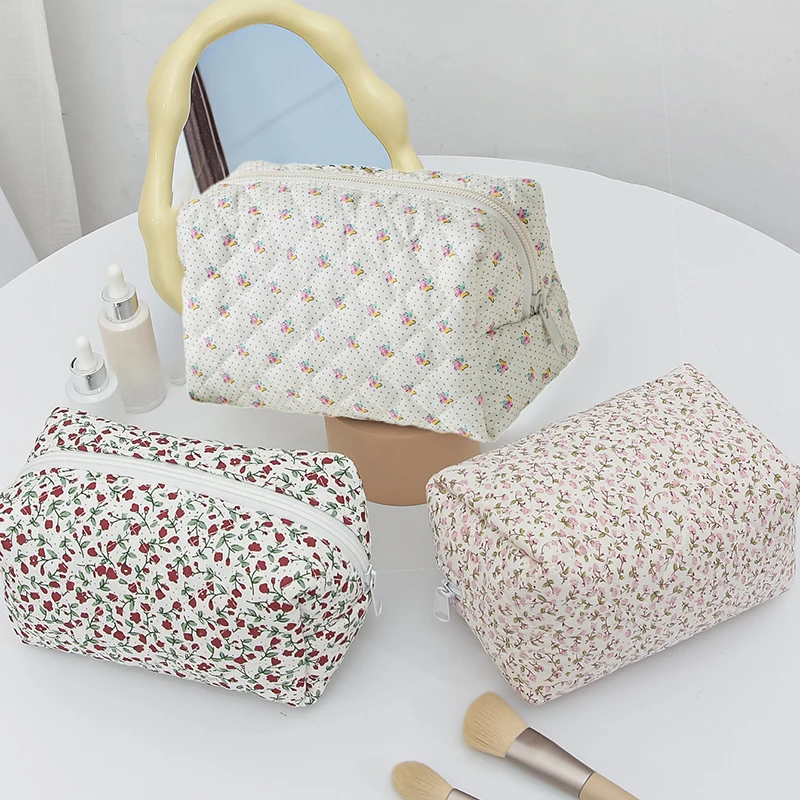 sacs de maquillage floraux matelassés, fermeture éclair, imprimé mignon, organisateur de rangement de fleurs, accessoire de maquillage, trousse de toilette, grand sac à cosmétiques pour femmes