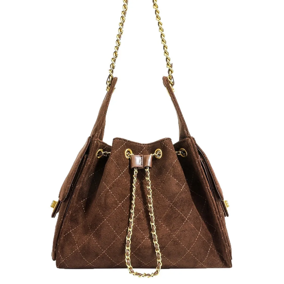 hobo – sac seau en daim, multi poches, hippie, bandoulière avec chaîne, tendance de rue, doublure en velours pêche doux, nouvelle collection 2025