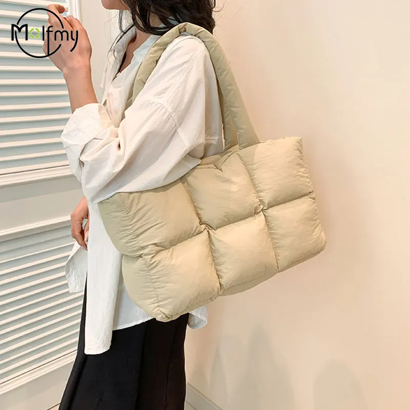 sac à carreaux matelassé pour femmes, fourre tout rétro tendance, sac à bandoulière étanche à carreaux, couleur unie, sacs doux d'hiver de grande capacité
