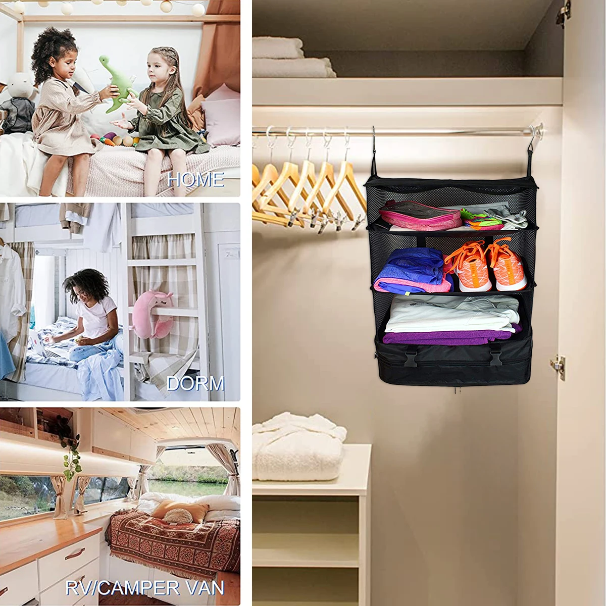 organisateur de bagages de voyage, étagères de voyage portables, sac de valise à 3 étagères, cube d'emballage pliable, sac de rangement pour placard suspendu, espace