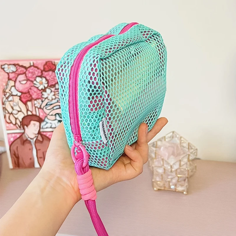 sac cosmétique carré en maille, sac de rangement polyvalent pour articles divers, sac de rangement cosmétique carré portable avec fermeture éclair