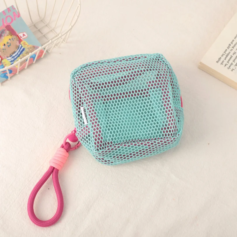 sacs à clés de petite capacité, sac à cosmétiques transparent, pochette de rangement carrée en maille, mini porte monnaie à fermeture éclair, mini sac de lavage, étui de papeterie