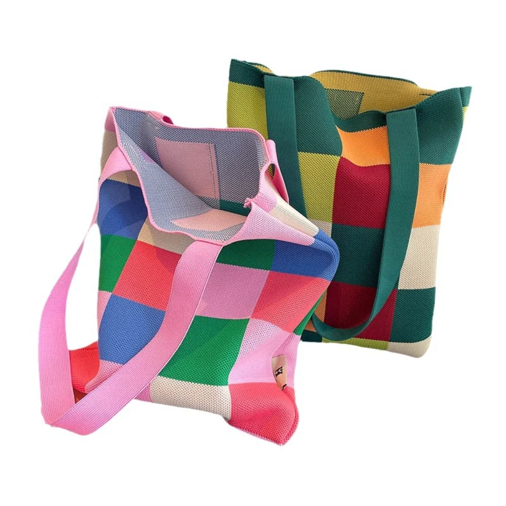 sac seau arc en ciel, sac tricoté, sac en damier réutilisable pour femmes, voyage quotidien