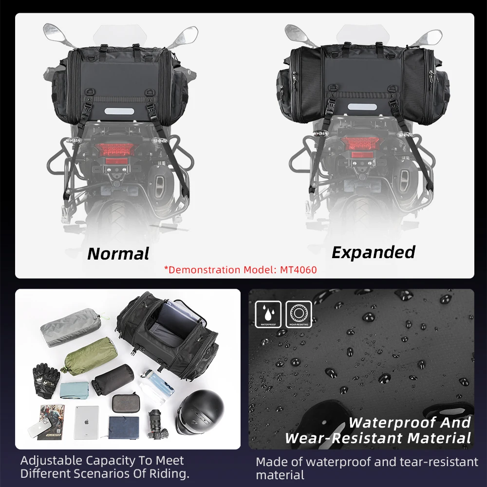 bal inowalk sac à bagages de voyage pour moto, étanche, extensible, grande capacité, queue de moteur, coffre, sac t1, la plupart des motos, 19l 80l