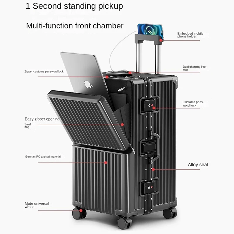 valise à ouverture avant 2025, nouvelle grande capacité, bagages à cadre en aluminium de 20/30 pouces avec porte gobelet usb, sac pour ordinateur portable, valises de voyage