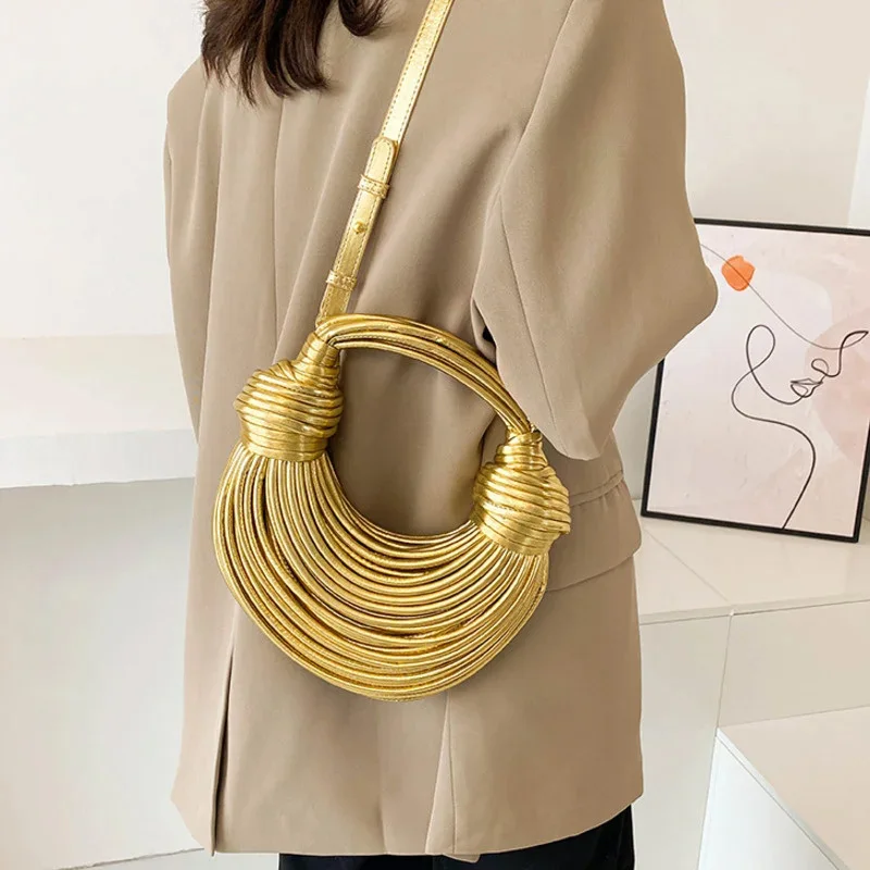sacs à main pour femmes 2025 nouveau or marque de luxe de créateur sacs à nouilles tissés à la main corde nouée tiré hobo argent pochette de soirée chic