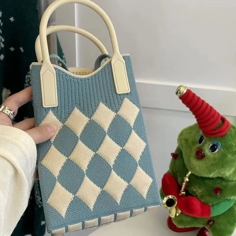 mini sac carré tricoté géométrique de style coréen, sac à main de shopping tissé à la mode, sac à bandoulière pour téléphone de dessin animé mignon