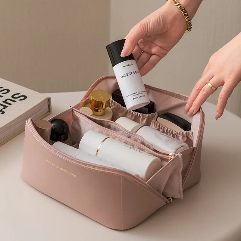 trousse de maquillage en cuir de grande capacité pour femme, trousse à cosmétiques, trousse de toilette multifonction, mallette de rangement étanche, évaluation portable, voyage