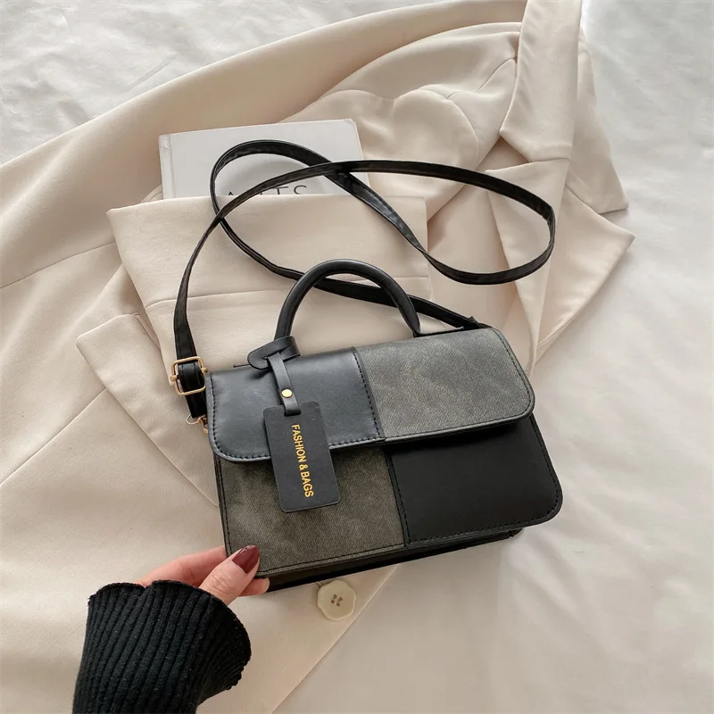 sac cartable patchwork en cuir pu pour femmes, sac à main avec poignée supérieure, sac à bandoulière polyvalent pour un usage quotidien