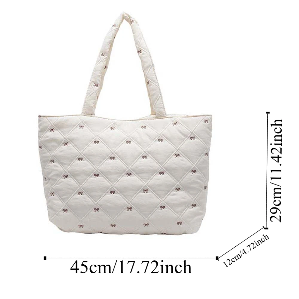 sac fourre tout matelassé doux avec nœud brodé, sac à main à carreaux en losange de grande capacité en polyester, sac à bandoulière à bulles de style coréen pour la plage