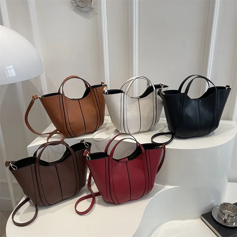 Sac à bandoulière seau Vintage pour femmes, petit sac à main fourre-tout de couleur unie