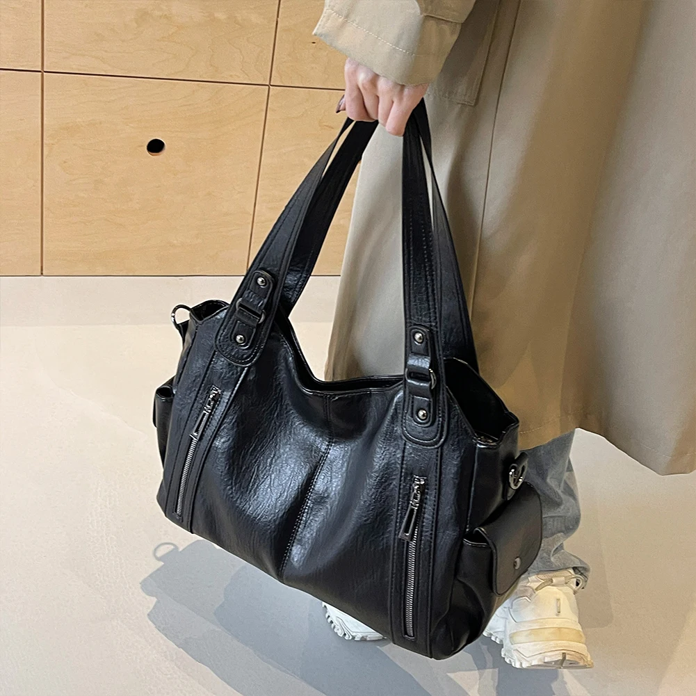 sac fourre tout pour femmes avec multi poches, sacoche en cuir pu avec fermeture éclair, sac à main rétro tendance pour le travail et les voyages