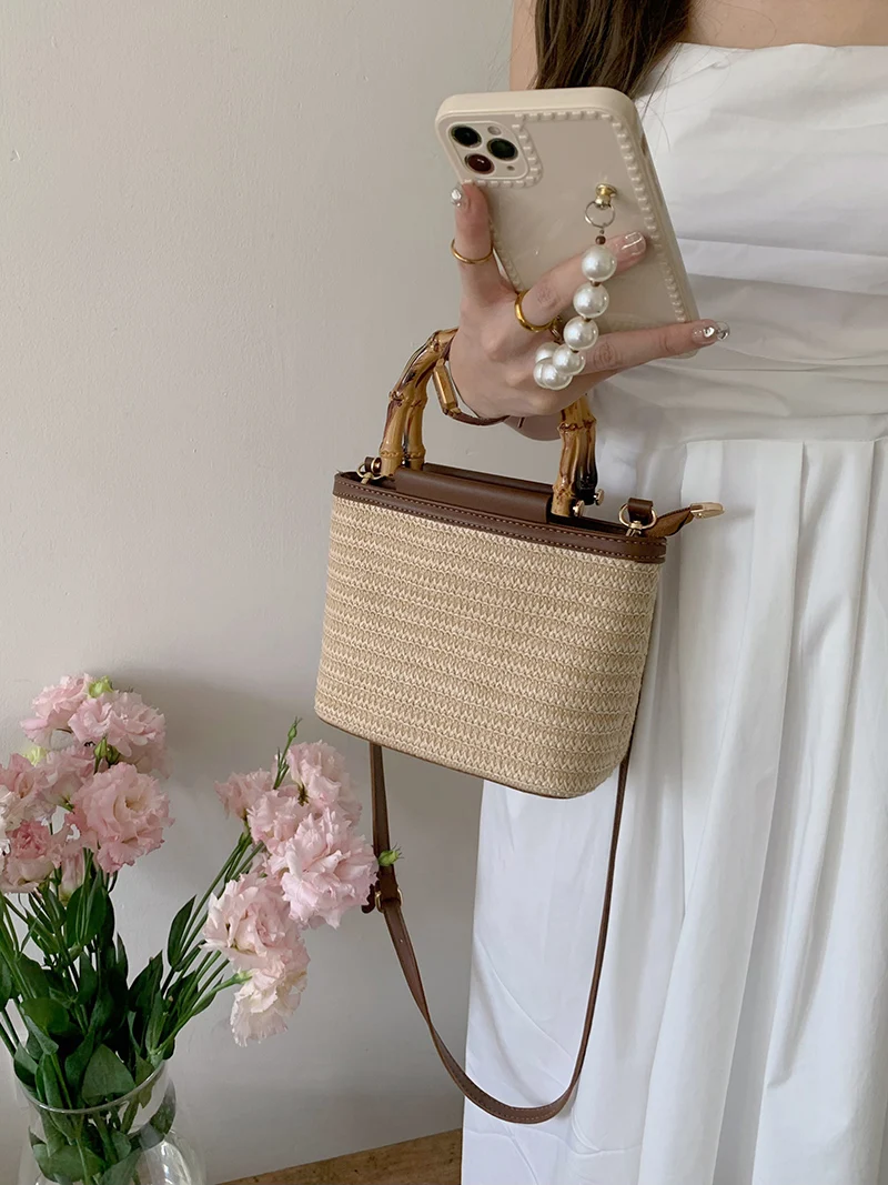 sacs à main de voyage en paille pour femmes, sacs à bandoulière simples, poignée en bois à la mode, été initié, e27