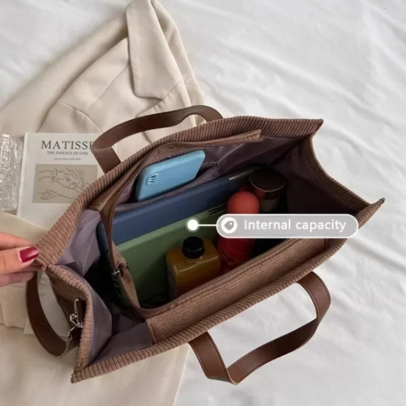 sacs à main vintage en velours côtelé pour femme, sacoche à bandoulière, fourre tout, shopping