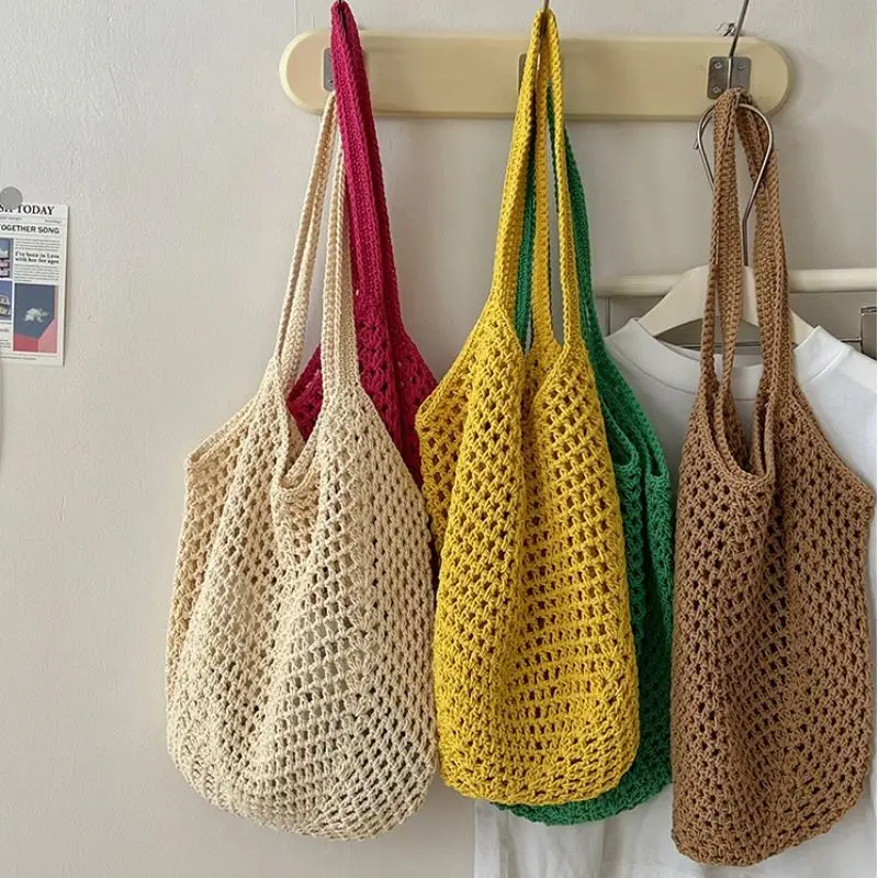 Sac de loisirs tissé en coton de grande capacité, sac en paille creuse, sac à bandoulière, sac de plage de vacances