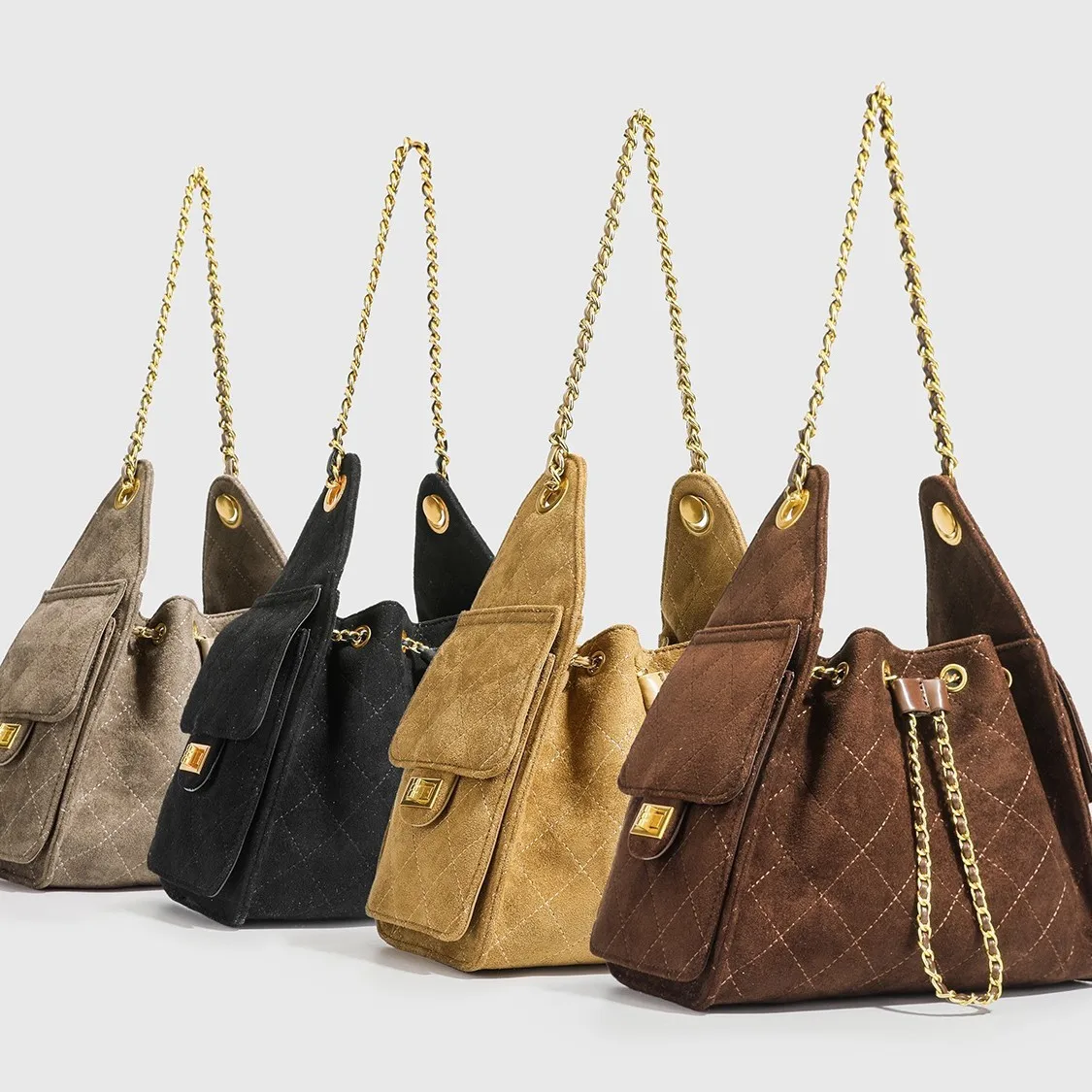 hobo – sac seau en daim, multi poches, hippie, bandoulière avec chaîne, tendance de rue, doublure en velours pêche doux, nouvelle collection 2025
