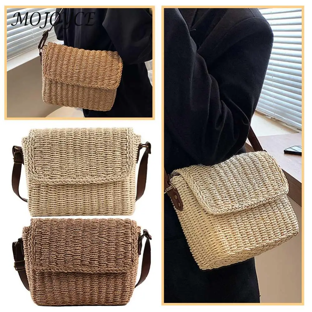 sac à bandoulière en paille tissé pour femmes, petit sac carré vintage avec sangle réglable, sac à rabat de voyage fait à la main