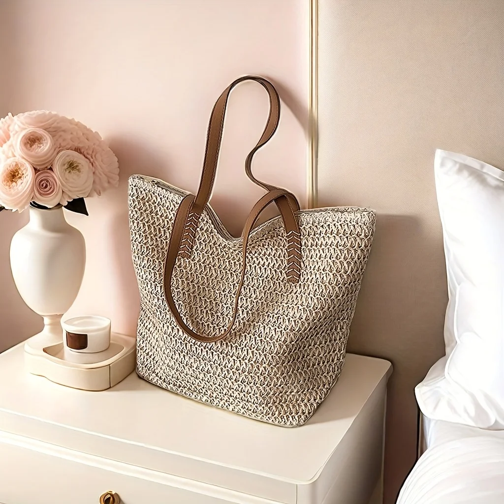[chic handbag] sac à main tissé beige de grande capacité | sac à main chic en paille avec poignées marron, fermeture à glissière et doublure en polyester