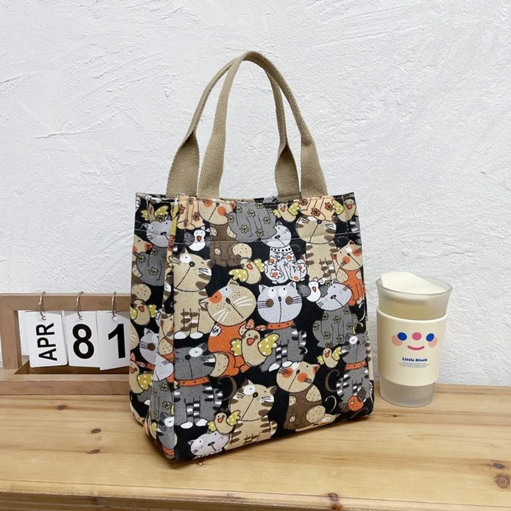 Sac à déjeuner imprimé dessin animé mignon, sac en toile Portable, sac à main et fourre-tout décontractés pour femmes pour l'école, le bureau, sac de pique-nique