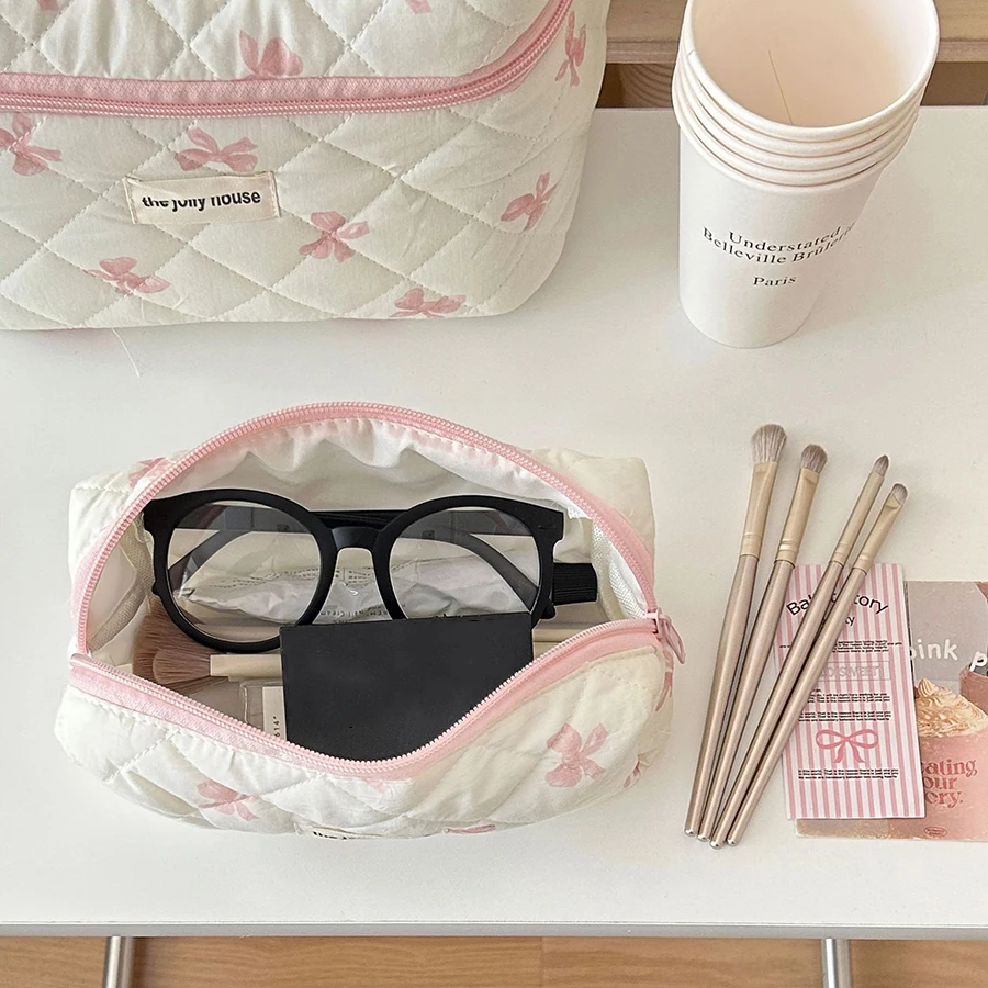sac de maquillage matelassé en coton pour femmes, organisateur de cosmétiques à fermeture éclair, sac à main en tissu à fleurs avec nœud mignon, trousse de toilette portable pour filles
