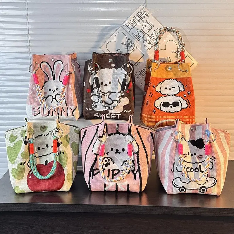 Sac seau tricoté pour femmes, Design de dessin animé mignon, fourre-tout de grande capacité, sac à main carré Portable, cadeau à la mode pour filles