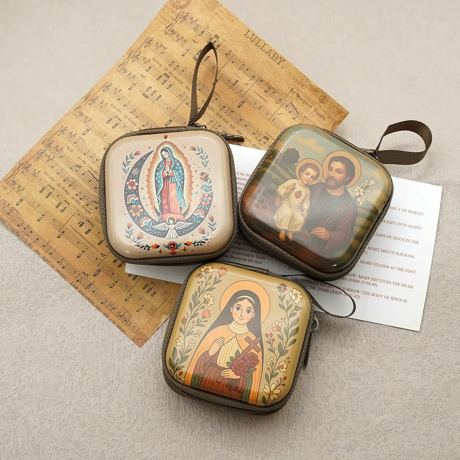 porte monnaie carré, sac chapelet vierge marie, boîte de rangement de perles de prière de jésus, organisateur de bijoux religieux, cadeau chrétien pour femmes et hommes
