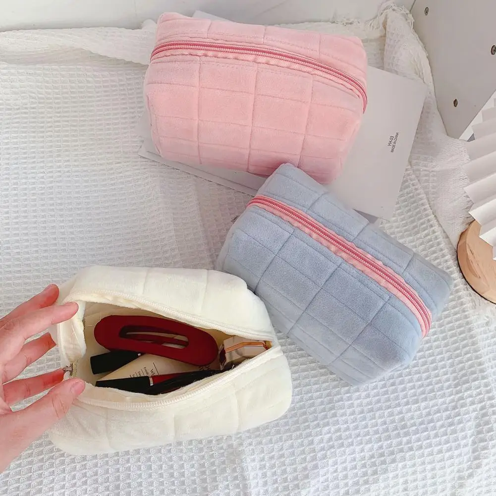 sac à cosmétiques carré, joli sac à cosmétiques, pochette de maquillage en peluche, trousse de toilette de voyage, organisateur, sac de rangement gonflé pour femmes