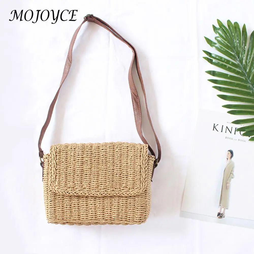 sac à bandoulière en paille tissé pour femmes, petit sac carré vintage avec sangle réglable, sac à rabat de voyage fait à la main