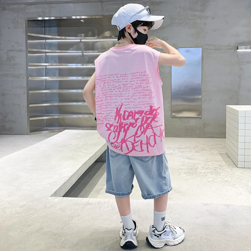 costume d'été pour enfants, t shirt sans manches en coton et short en denim, ensemble de vêtements deux pièces, tenues de survêtement à la mode pour enfants