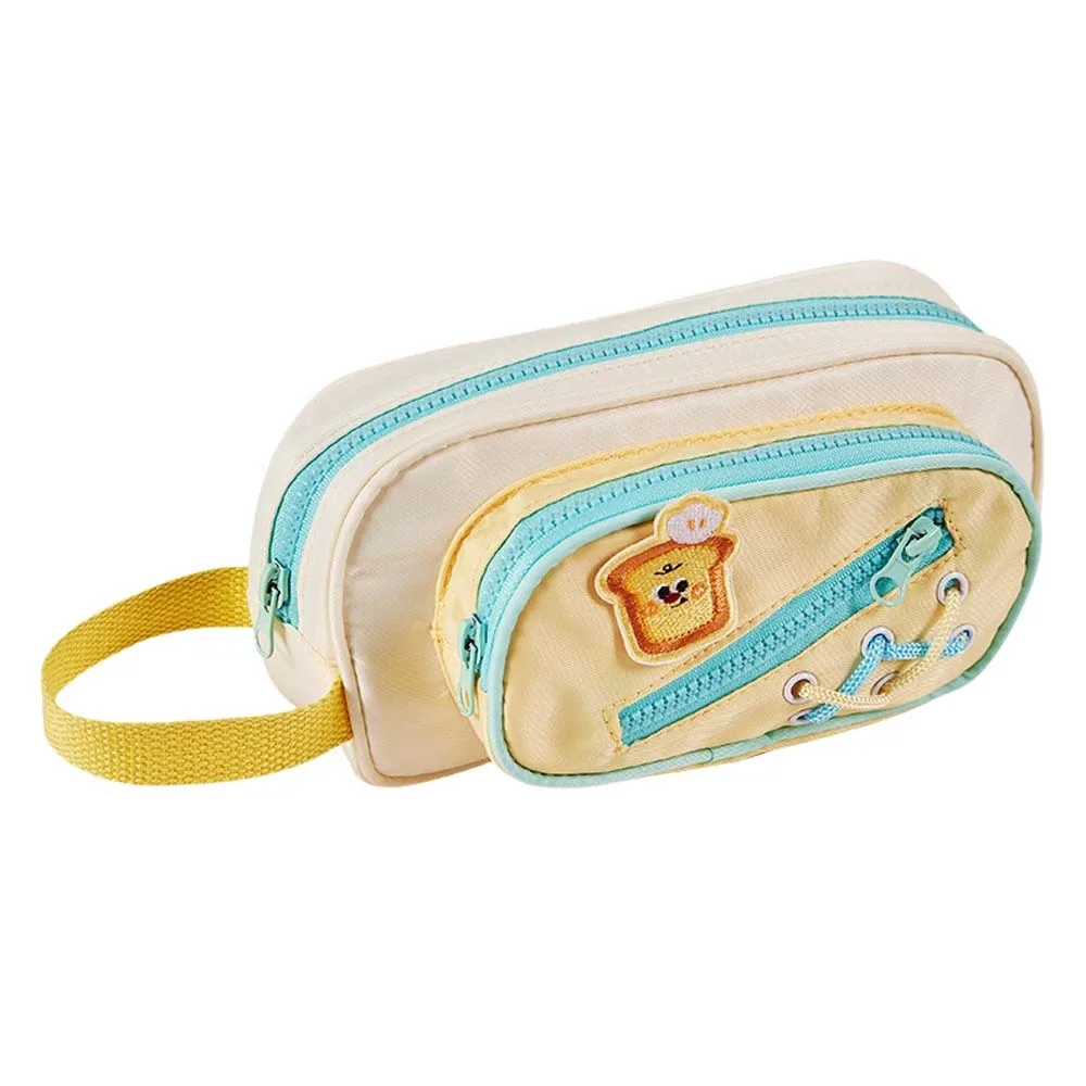Dessin animé 3 couches sac à crayons pain blanc chiot chien toile grande capacité sac à crayons portable esthétique papeterie sac de rangement