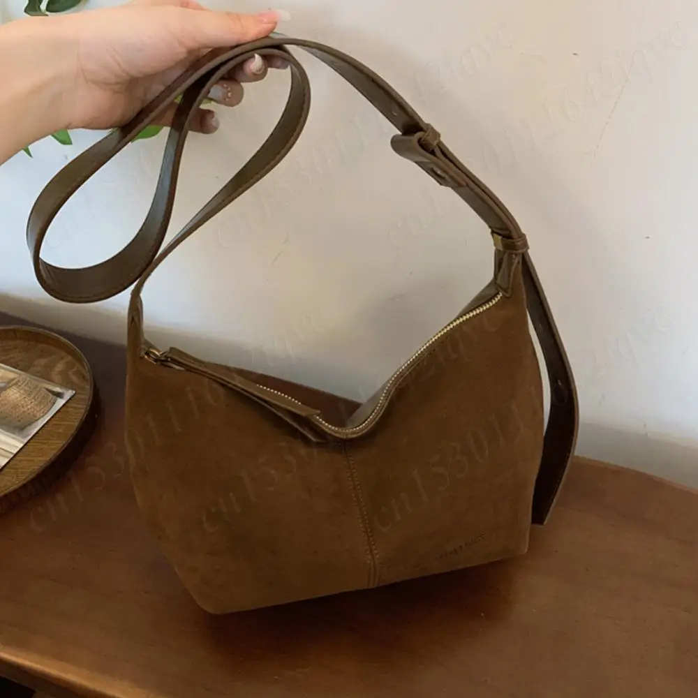 sac à main en daim avec sangle réglable pour femme, bandoulière hobo, multi poches, croissant, fermeture Éclair, travail, voyage