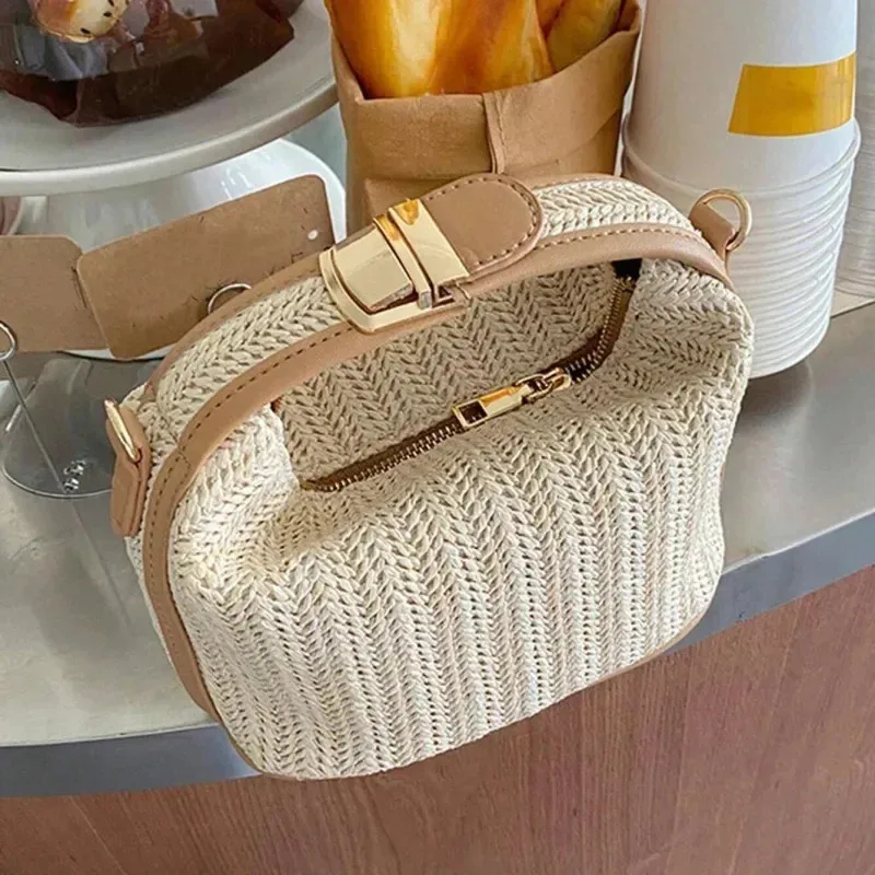 sac à bandoulière tissé seau, fourre tout en paille d'été, sac à bandoulière décontracté, sac de plage