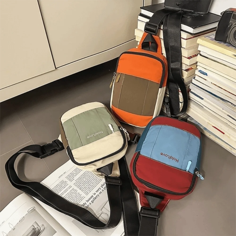 sac de poitrine carré pour hommes, sac à bandoulière de sport de style coréen avec fermeture éclair, grande capacité d'épissure de couleur, sac à bandoulière en nylon pour hommes/femmes