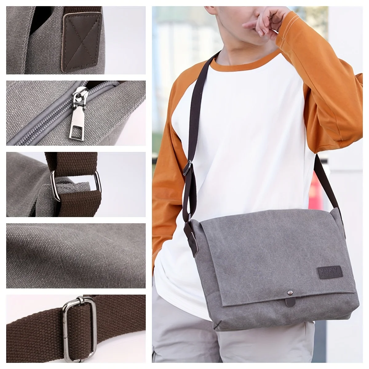 sac messager en toile marron – léger, durable, sangle réglable. parfait pour les déplacements, les voyages et l'utilisation quotidienne.
