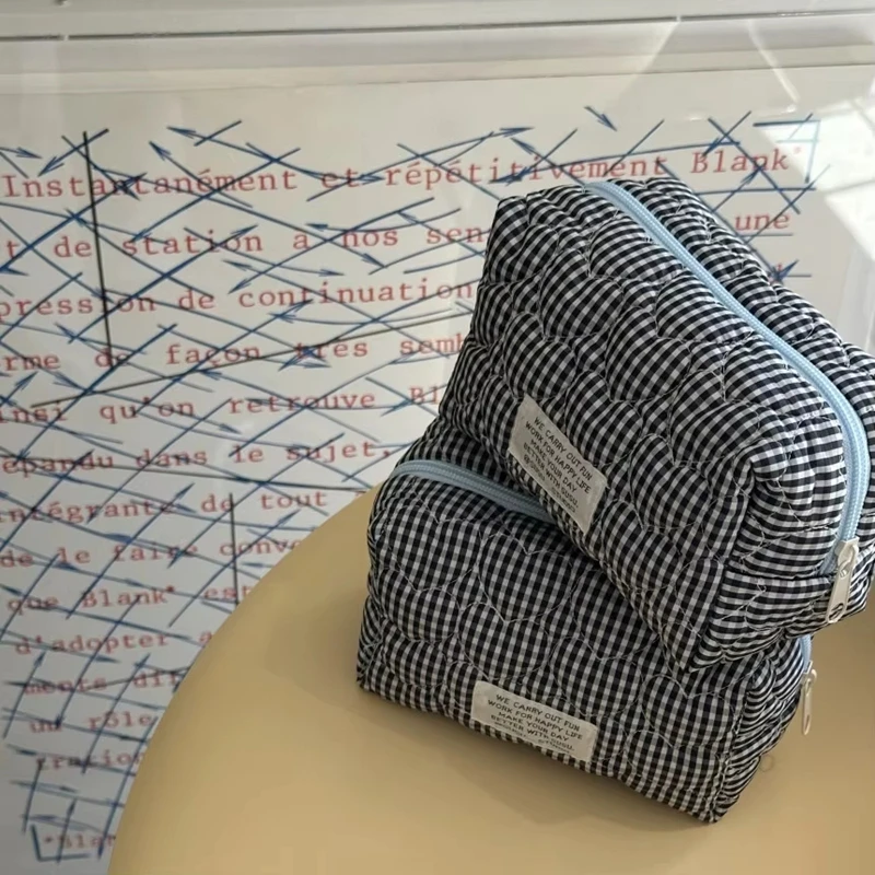 sacs à cosmétiques matelassés à carreaux pour filles, pochette rétro pour dames, porte monnaie, sac de rangement de toilette portable de voyage pour femmes