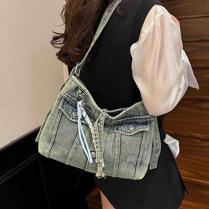 sac cartable décontracté multifonction grande capacité pour femmes, sacoche vintage en denim, sangle réglable, fourre tout à bandoulière