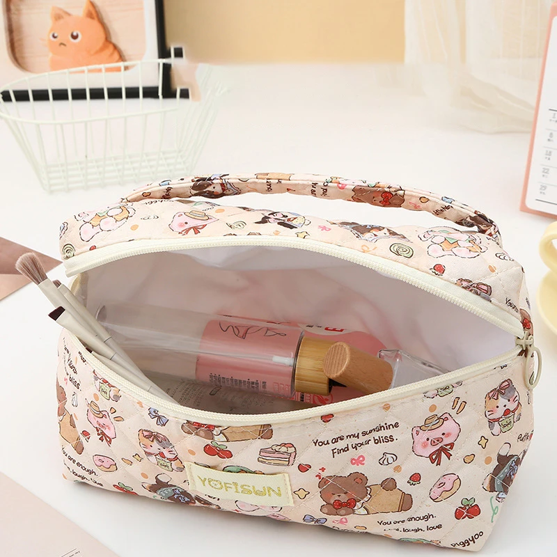 sac de maquillage matelassé à motif d'animal de dessin animé, sac à main portable de grande capacité pour femmes, rangement de produits de toilette cosmétiques, sac à main à fermeture éclair