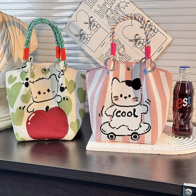 sac seau tricoté pour femmes, design de dessin animé mignon, fourre tout de grande capacité, sac à main carré portable, cadeau à la mode pour filles