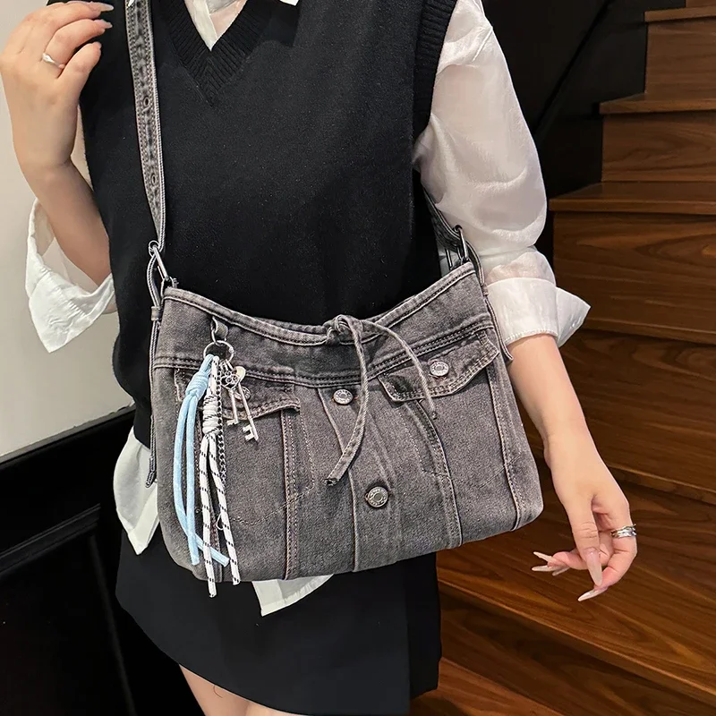 sac cartable décontracté multifonction grande capacité pour femmes, sacoche vintage en denim, sangle réglable, fourre tout à bandoulière