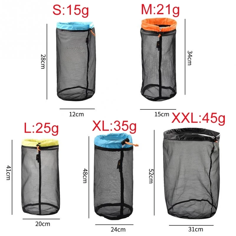 sac de rangement en maille ultraléger s ~ xxl, sacs à cordon de serrage, sac de matériel d'extérieur de haute qualité, organisateur de voyage, outil de randonnée