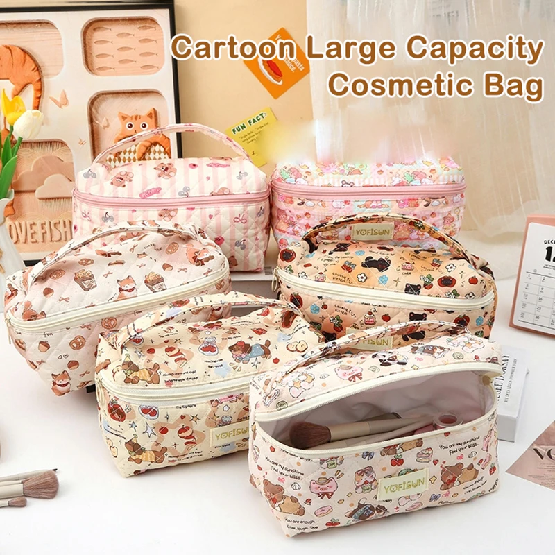 Sac de maquillage matelassé à motif d'animal de dessin animé, sac à main Portable de grande capacité pour femmes, rangement de produits de toilette cosmétiques, sac à main à fermeture éclair