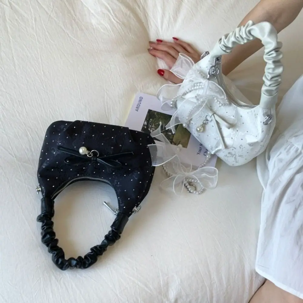 sac à main plissé avec nœud élégant, tendance, polyvalent, élégant, avec rubans, sangle réglable, fermeture éclair, pour femmes et filles