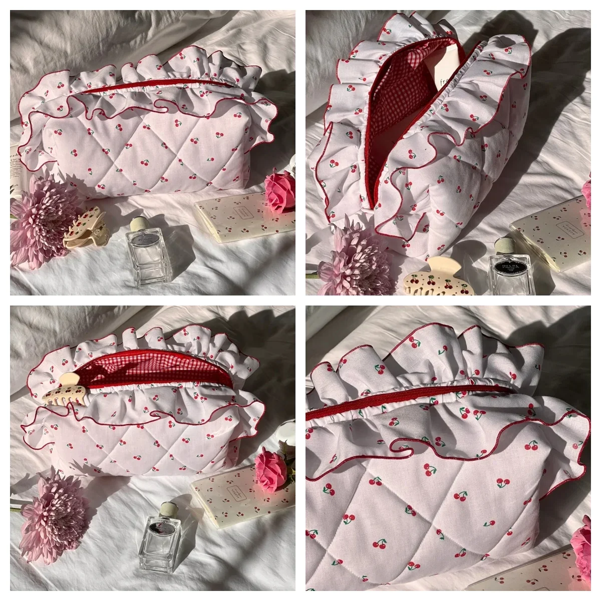 sac de maquillage matelassé à fleurs, grand sac à cosmétiques mignon, coquette, pochette de maquillage de voyage, sac de rangement de toilette esthétique portable à fermeture éclair
