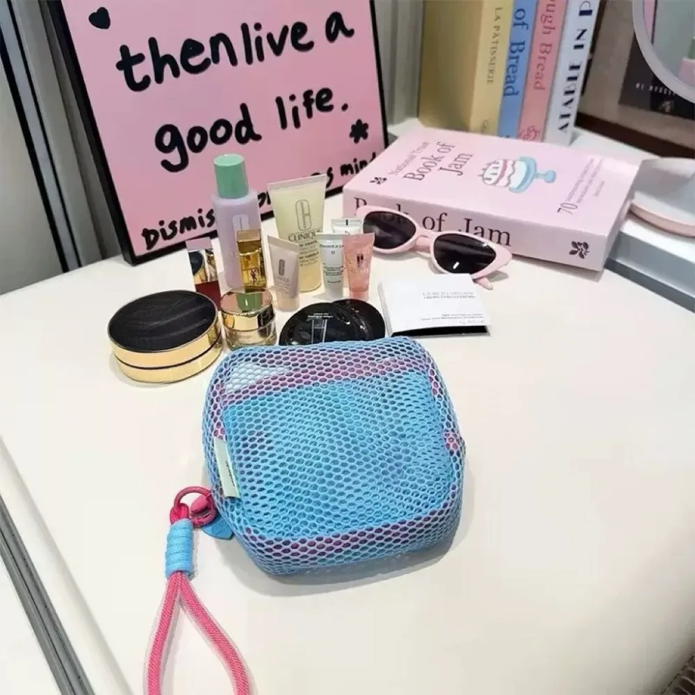 sac à cosmétiques carré en maille, organisateur de maquillage portable avec fermeture éclair, pochette de toilette de voyage polyvalente, trousse de toilette de voyage