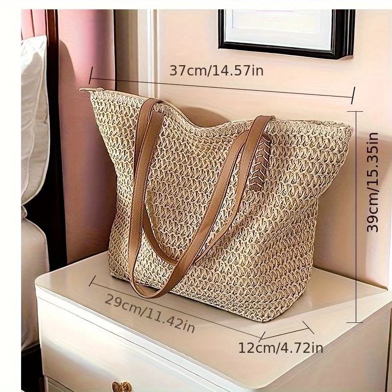 [chic handbag] sac à main tissé beige de grande capacité | sac à main chic en paille avec poignées marron, fermeture à glissière et doublure en polyester